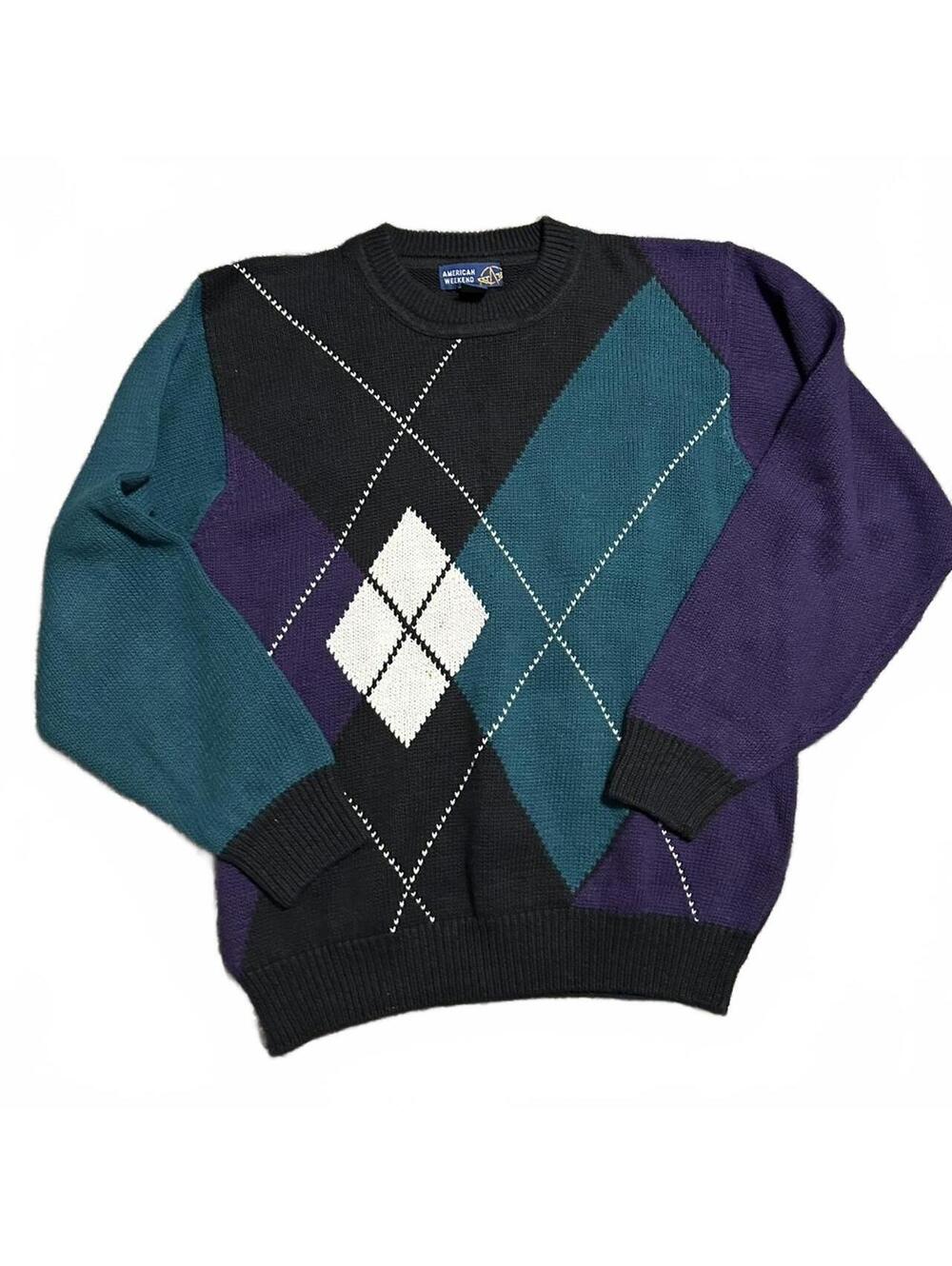 Retro 90s American Weekend Colorblock Diamond Pattern Cotton Sweater Size L